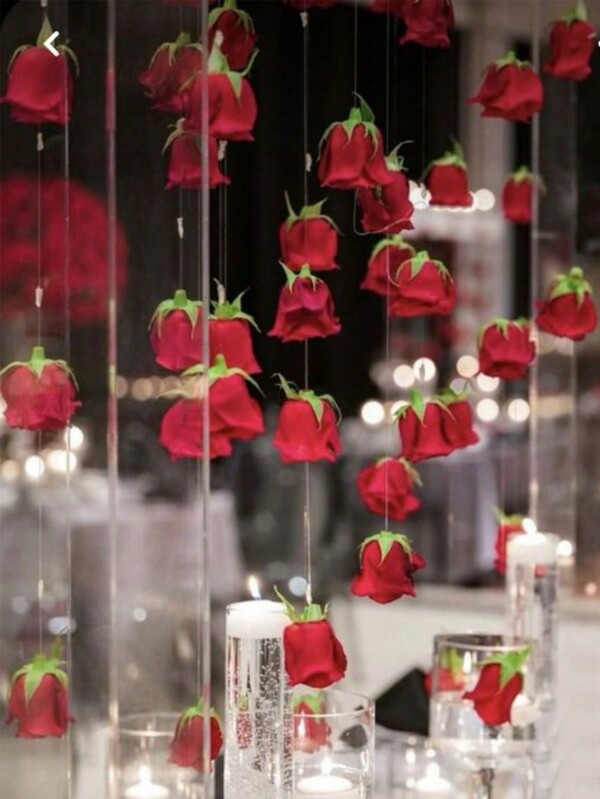 ديكور زفاف على شكل وردة حمراء معلقة، 10ورود حمراء + لفة واحدة شفافة بطول 300سم، لزينة الزفاف اليدوي، حفلة الأطفال، حفلة العروس، باقة الزفاف، وديكور الطاولة والسقف