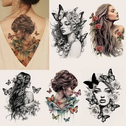 STARTTOOS 美麗個性化的花朵和蝴蝶圖案身體暫時性刺青貼紙,適用於女性,適用於手臂/胸部/腹部/背部