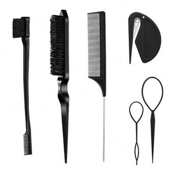 1 set/6 piezas Kit de herramientas para peinado, trenzado y maquillaje que incluye peine de cola, peine de doble extremo, cepillo de cejas, accesorios para el cabello y herramientas para peinado