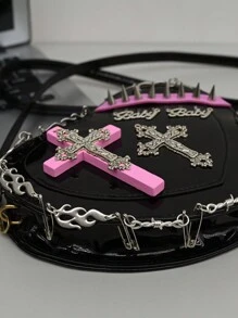 KVKY 时尚朋克风格 Y2K 风格十字架装饰心形斜挎包哥特摇滚蒸汽朋克新奇包铆钉装饰斜挎包钱包，时尚小众设计，蒸汽朋克，哥特，女士包，酷女孩街头服饰，非常适合音乐节，音乐会 - 黑色 - 查看 7