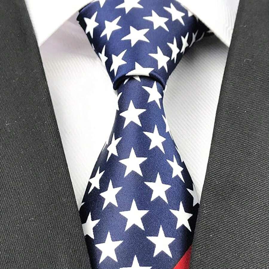1 pieza Corbata clásica de hombre con estampado de rayas y estrellas de la bandera americana, hecha de poliéster, adecuada para usar con traje y camisa en ocasiones festivas - Multicolor - Ver 1