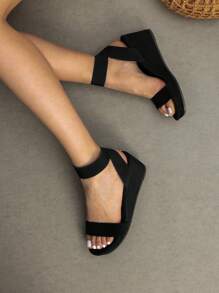 Women's Black Slip On Open Toe Elastic Ankle Strap Platform Comfortable Commuting  Wedge Sandals - màu đen - Xem 4