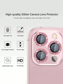 1套3D閃亮鑽石裝飾高清耐刮玻璃手機相機鏡頭保護貼，適用於蘋果15/15Pro/15ProMax/14/13/12/11粉色 - 粉色 - 查看 3