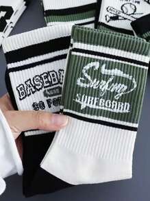5/10 Pairs Women Fashion Letter Print Solid Color Sports Mid-Calf Socks, Design