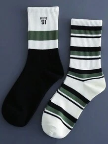 5/10 Pairs Women Fashion Letter Print Solid Color Sports Mid-Calf Socks, Design