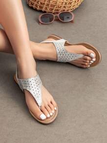 Women Rhinestone Gladiator T-Strap Thong Sandals Casual Wear Cute Flat Sandals Adjustable Buckle Beach Dress Summer Shoes - Bạc - Xem 1