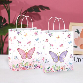 8/16 件带手柄的蝴蝶派对礼品袋，粉色和紫色蝴蝶带花糖果袋，适合生日派对