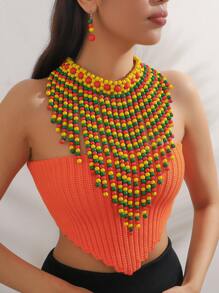 3pcs/Set Multilayer Beaded Design Woman Necklace With , Retro, Vacation Style