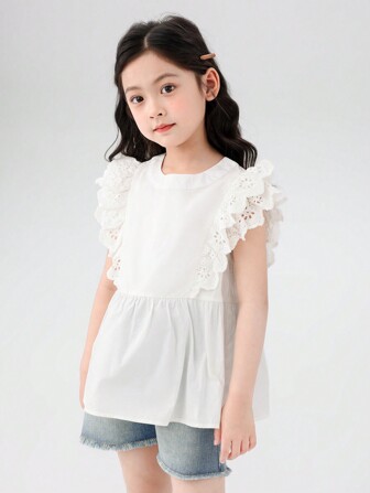 Kleine Mädchen französischer Stil Burn-Out-Stickerei-Shirt mit Kap-Armeln, 2024 Sommer neue Puppenhemd, weißes Hemd.