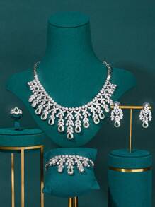 沙特阿拉伯绿色锆石女士首饰套装，新娘婚礼配饰 4 件套首饰套装，包括项链、耳环、戒指、手链 - 綠色 - 查看 5