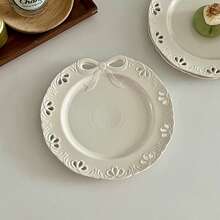 法式小众蝴蝶结浮雕陶瓷盘甜品蛋糕西餐盘好看水果沙拉盘家用平盘精美圣诞礼物 - 白色 - 查看 4