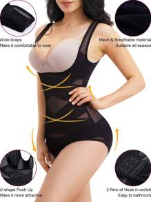 JUNLAN Shapewear Bodysuit For Women Tummy Control Butt Lifter Panty Hi-Waist Trainer Stomach Body Shaper Slimming Girdles - 黑色 - 查看 2