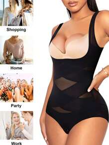 JUNLAN Shapewear Bodysuit For Women Tummy Control Butt Lifter Panty Hi-Waist Trainer Stomach Body Shaper Slimming Girdles - 黑色 - 查看 4