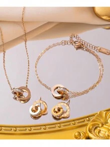 1set Stainless Steel Korean Style Simple Elegant Luxury Niche Design Ins Roman Numeral Rhinestone Inlay Necklace Set, Suitable For Daily Wear For Women
