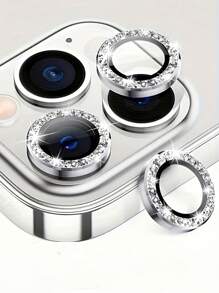 1 Bộ Phim Ống Kính Thủy Tinh Chống Xước Độ Nét Cao 3D Kim Cương Giả Sáng Bóng Tương Thích Với Apple Iphone 15/15pro/15promax/14/13/12/11 Bạc - Bạc - Xem 1