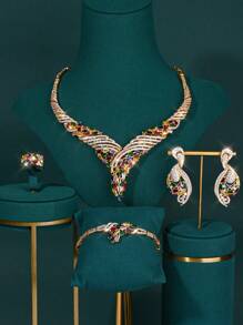 4pcs Saudi Arabian Fashion Jewelry Set, Colorful Zirconia Micro-Inlaid Water Drop Necklace Suits, Dubai Bridal Wedding Party Accessories, Valentine's Day Gift - Colored Diamond Four-piece Set - View 7