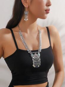 3pcs/Set Metallic Fan Shaped Hollow Out Pendant Necklace With Rhinestone Decoration, Random Color - Vintage Necklace Set - View 17