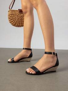 Women'S Wedge Sandals Open Toe Buckle Ankle Strap Comfortable Work Wedding Party Pumps Heel Sandals Dressy Summer Shoes - 麻底鞋/黑色/PU - 查看 4