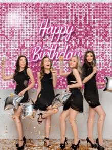 1 pieza Tela de fondo de neón con brillo rosa para feliz cumpleaños, disponible en varios tamaños, hecha de material de poliéster, adecuada para decoración de fiestas temáticas o de aniversario, utilizada como props para fotografías, Navidad - Rosa - Ver 5