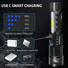 A76 白色激光高亮度手电筒 - 配备 30W LED 和 14 个附加 LED。具有可调焦距和多种照明模式，可提供高达 2000 流明和 1200 米范围。由内置 1500mAh 可充电锂电池供电，可通过 Type-C 充电约 4 小时，并提供 3-5 小时的运行时间。非常适合家庭、汽车、船舶和户外探险。 - 黑色 - 查看 8