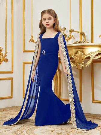 Tween Girl Luxury Evening Gown: Square Neck Ultra-Long Lace-Trimmed Sleeves Mermaid Fish Tail Floor-Length Dress With Removable Diamond-Accent Belt In Soft Knit Fabric – Perfect For Elegant Birthday Parties & Special Occasions, Fitted Silhouette For Poise & Style