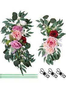 3Pcs/Set Artificial Eucalyptus Willow Garland With Flowers 1Pc 6FT With Wedding Arch Flowers Floral 2Pcs Swag Arrangements, Wedding Table Garland With Flowers Handcrafted Wedding Centerpieces Table Runner Swag For Rehearsal Dinner Bridal Shower Outdoor Decor - 粉色 - 查看 4