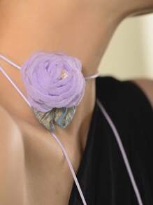 1條甜美女孩紫色網眼布花緞帶長項鍊 - 紫色 - 查看 1