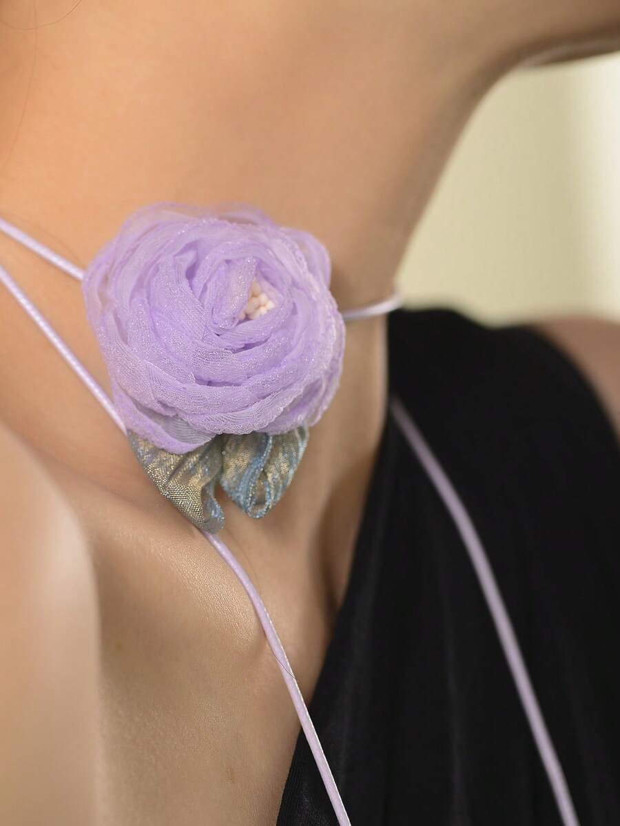 1條甜美女孩紫色網眼布花緞帶長項鍊 - 紫色 - 查看 1