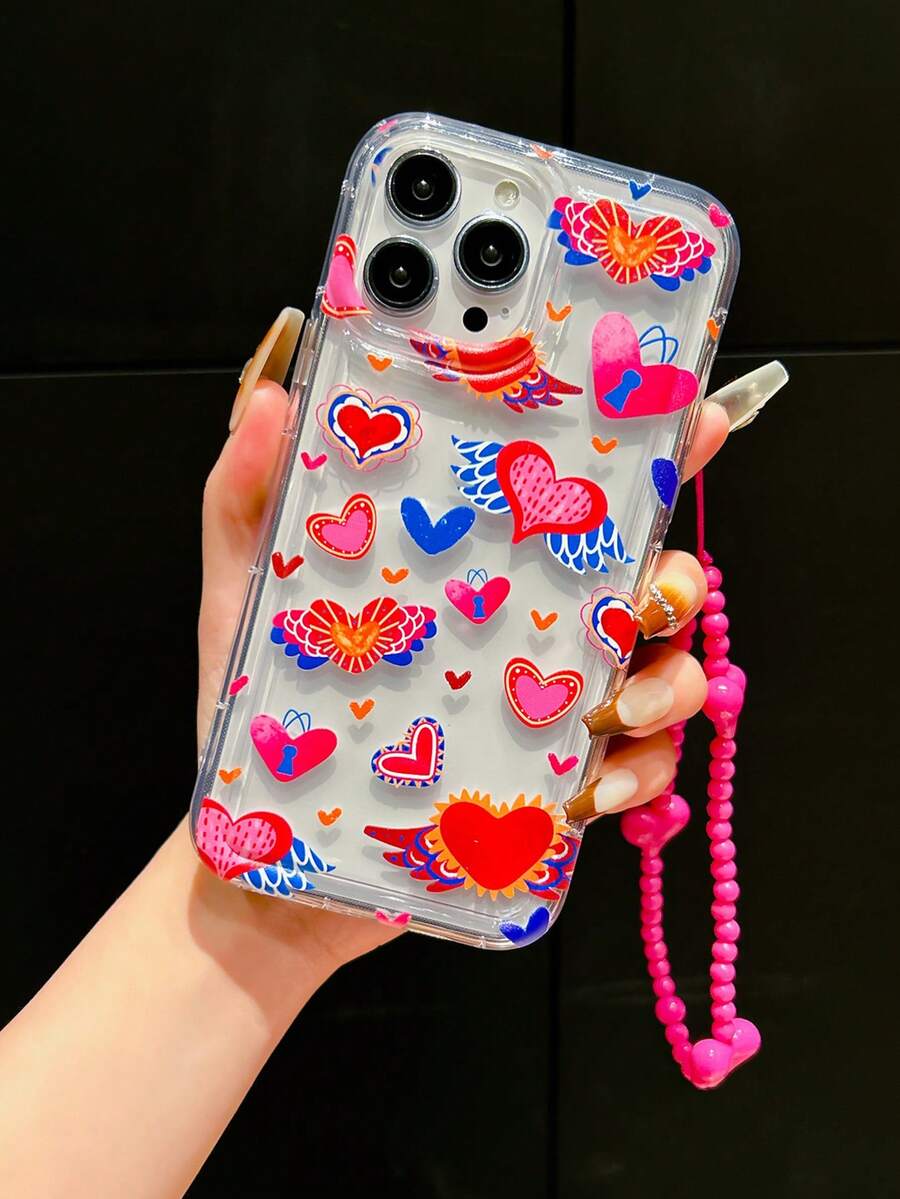 日韓風格愛心印花tpu防震殼,配有粉色愛心手環,兼容iphone - 無色 - 查看 1
