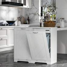 Tilt Out Kitchen Trash Bin Cabinet, Dog Proof Garbage Can With Wood Holder Free Standing Recycling, White - 白色 - 查看 2