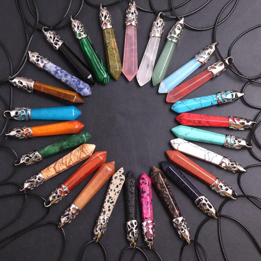 1入組50*10mm天然寶石水晶項鍊PU皮繩情侶禮物吉祥石項鍊六角柱長吊墜項鍊男女珠寶項鍊代理批發 - 天然石 - 查看 1