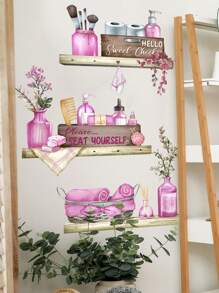 mama look 1pc Pink Bathroom Toiletries Storage Rack Wall Sticker Bathroom Decoration Background Sticker,Stickers,Wall Decal, Vinyl Decal For Home Decorations,Spring Decoration Items Refresh Your Home,Rama Decoration Stickers Kitchen Decor - Pink - View 2