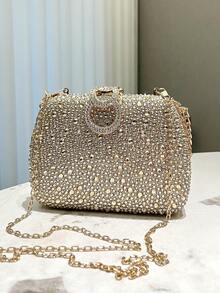 1 pieza Mini bolsa de mano dorada con brillo y decoración de pedrería, adecuada para fiestas nocturnas, bodas, graduaciones, etc. - Dorado - Ver 2