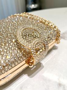 1 pieza Mini bolsa de mano dorada con brillo y decoración de pedrería, adecuada para fiestas nocturnas, bodas, graduaciones, etc. - Dorado - Ver 6