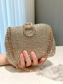 1 pieza Mini bolsa de mano dorada con brillo y decoración de pedrería, adecuada para fiestas nocturnas, bodas, graduaciones, etc. - Dorado - Ver 1