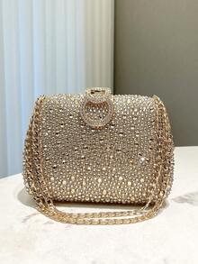 1 pieza Mini bolsa de mano dorada con brillo y decoración de pedrería, adecuada para fiestas nocturnas, bodas, graduaciones, etc. - Dorado - Ver 4