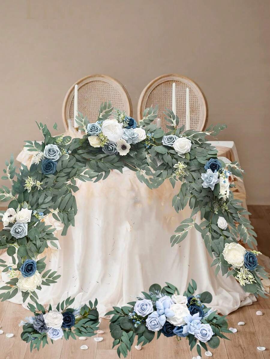 3Pcs/Set Artificial Eucalyptus Willow Garland With Flowers 1Pc 6FT With Wedding Arch Flowers Floral 2Pcs Swag Arrangements, Wedding Table Garland With Flowers Handcrafted Wedding Centerpieces Table Runner Swag For Rehearsal Dinner Bridal Shower Outdoor Decor - Baby Blue - View 1