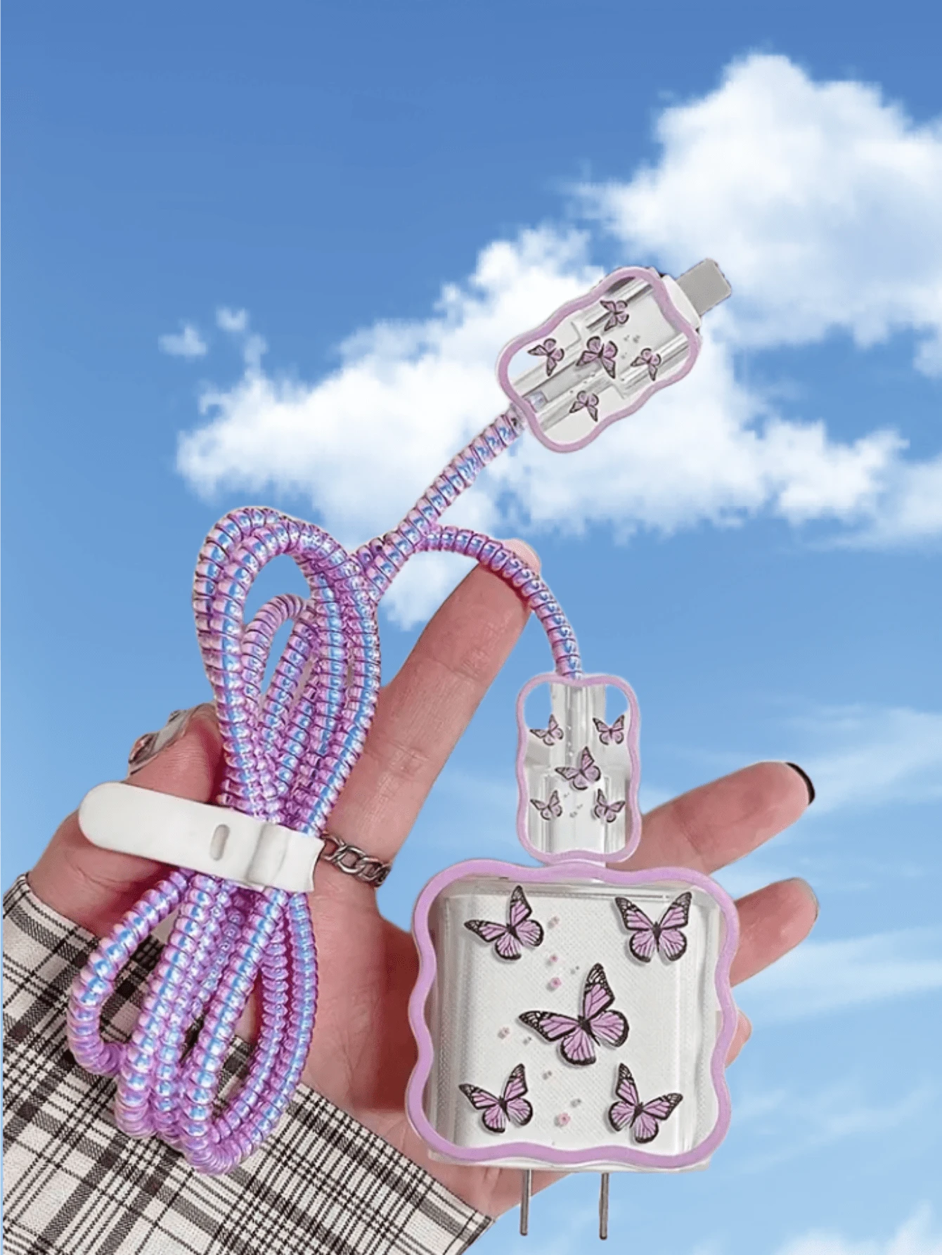 5件紫色蝴蝶充电器保护壳，兼容Apple 20W/18W充电器和数据线，防摔 - 彩色 - 查看 1