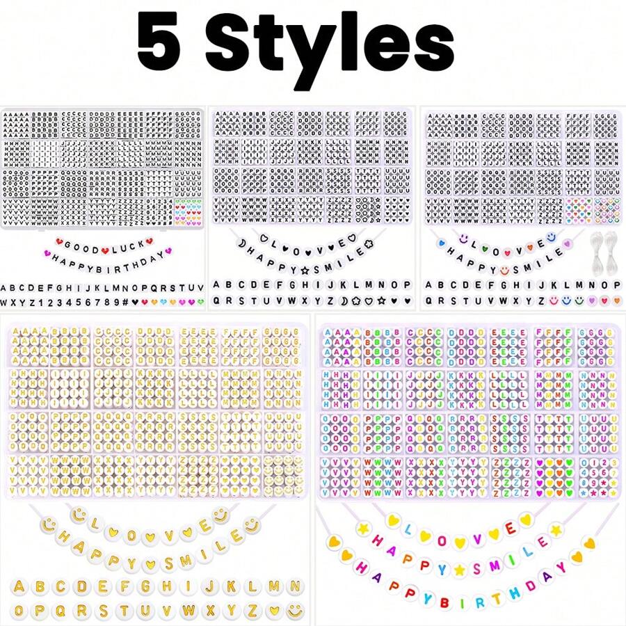 5款樣式～1300/1400顆字母珠子,a-z字母塑膠珠套裝,心形珠子用於手鐲製作 - 彩色 - 查看 1