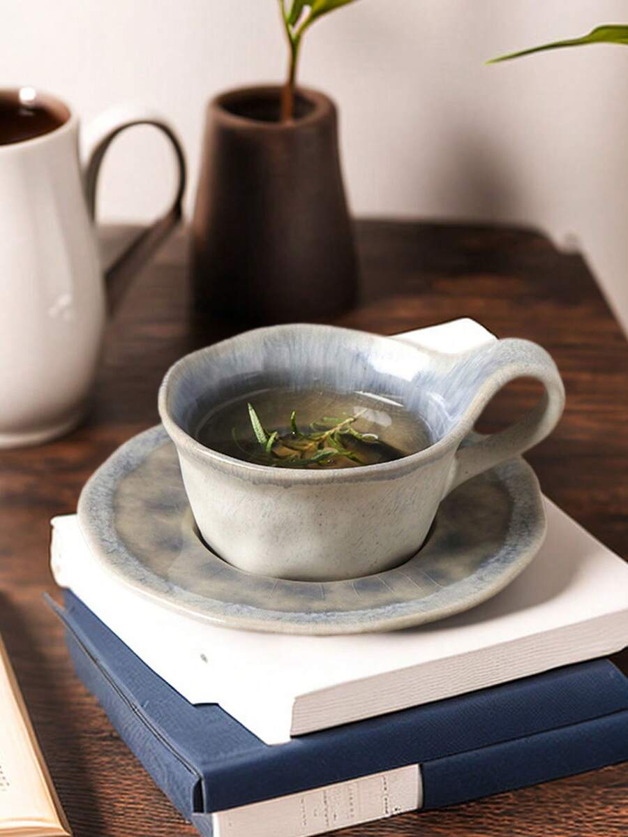 1set 200ml Vintage Crackle Glaze Ceramic Cup & Saucer Set, Espresso/Latte Art Coffee Cup And Plate - View 1