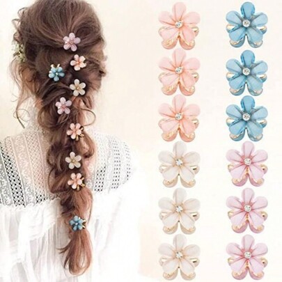 12pcs Sweet Camellia Princess Hairpins For Kids, Small & Delicate Hair Claws, Mini Hair Clips For Bangs & Side Partings For Girls