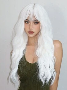 26英寸長的白色瀏海波浪捲合成假髮,適用於女性日常、角色扮演及派對等活動 - 白色 - 查看 3