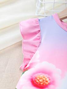 Young Girl Summer Home Dress With Ruffle Trim, Round Neckline And 3D Cat Pattern - Pink - View 3