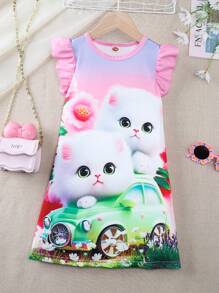 Young Girl Summer Home Dress With Ruffle Trim, Round Neckline And 3D Cat Pattern - Pink - View 1