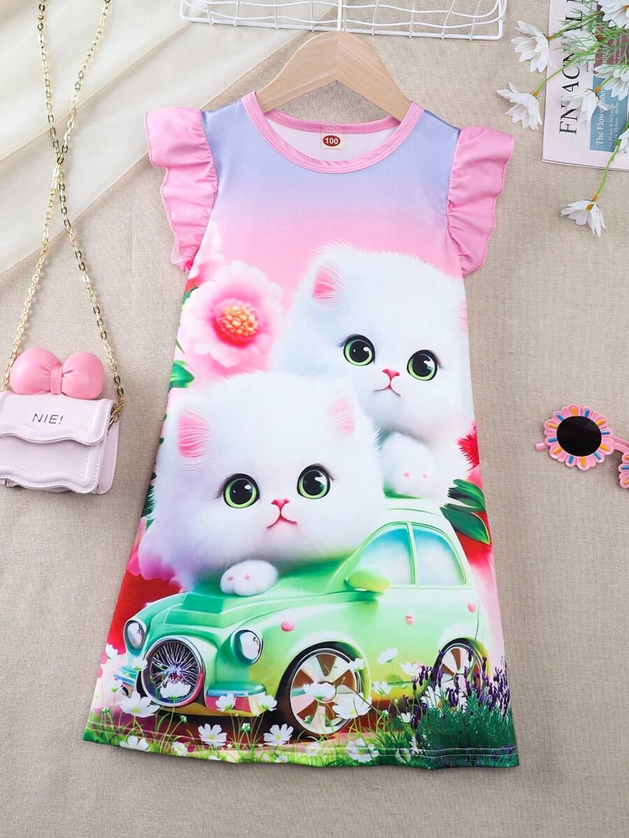 Young Girl Summer Home Dress With Ruffle Trim, Round Neckline And 3D Cat Pattern - Pink - View 1