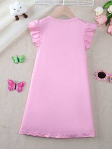 Young Girl Summer Home Dress With Ruffle Trim, Round Neckline And 3D Cat Pattern - Pink - View 2