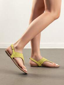 Women Rhinestone Gladiator T-Strap Thong Sandals Casual Wear Cute Flat Sandals Adjustable Buckle Beach Dress Summer Shoes - 黃色 - 查看 3