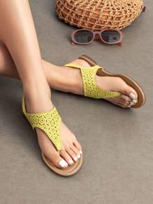 Women Rhinestone Gladiator T-Strap Thong Sandals Casual Wear Cute Flat Sandals Adjustable Buckle Beach Dress Summer Shoes - 黃色 - 查看 1