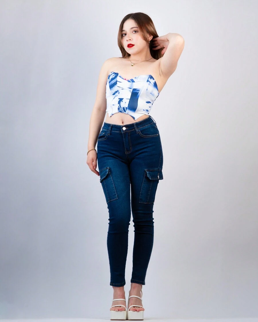 Pantalones cargo con bolsillo mezclilla skinny alta calidad - Azul lavado oscuro - Ver 1