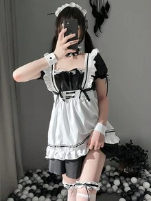 Conjunto de Disfraz de Sirvienta de 7 Piezas, Disfraz Cosplay Anime Traje Maid Lolita, Lindo y sexy vestido de lolita para la fiesta de Halloween de la bola - Blanco y Negro - Ver 5